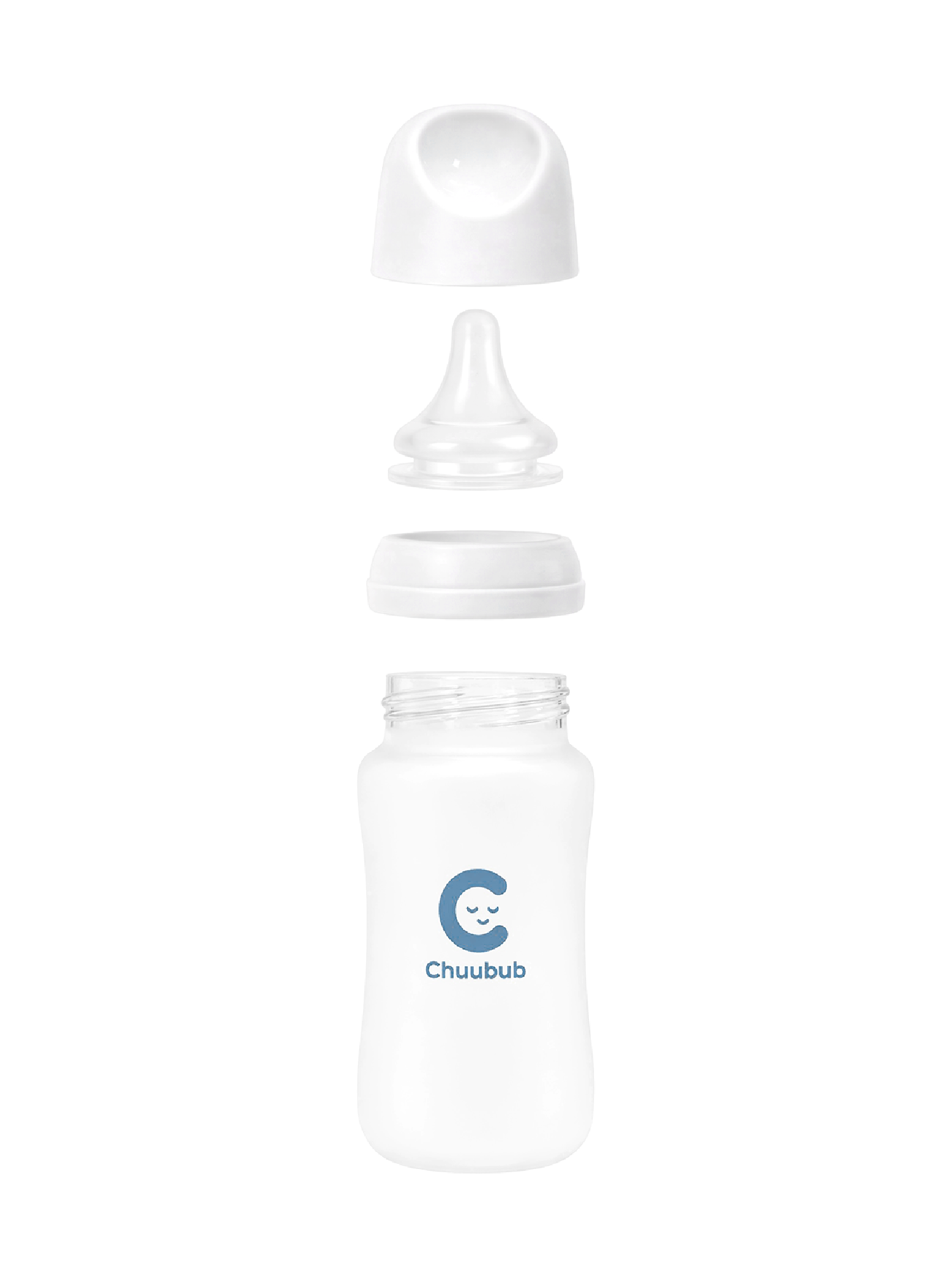 White baby bottle with cap on a white background, featuring the Chuubub logo.